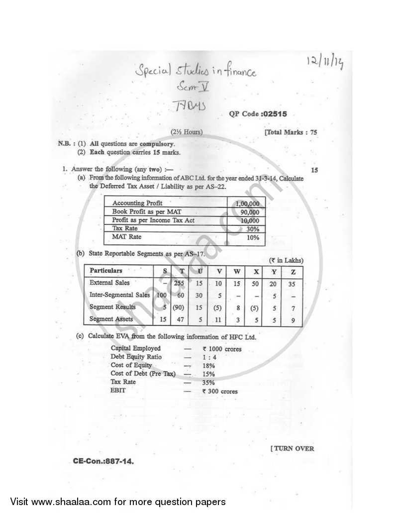 Special Studies in Finance 2014-2015 - B.M.S - Semester 5 - University of Mumbai question paper with PDF download