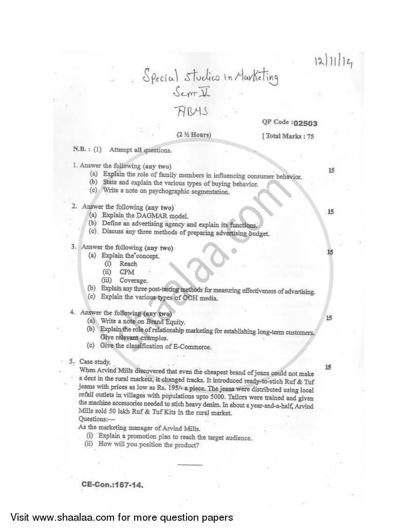 Special Studies in Marketing 2014-2015 - B.M.S - Semester 5 - University of Mumbai question paper with PDF download