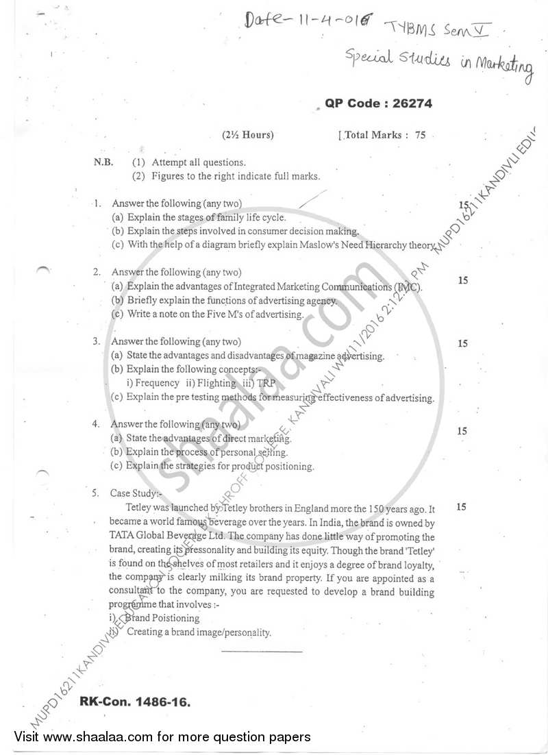Special Studies in Marketing 2015-2016 - B.M.S - Semester 5 - University of Mumbai question paper with PDF download
