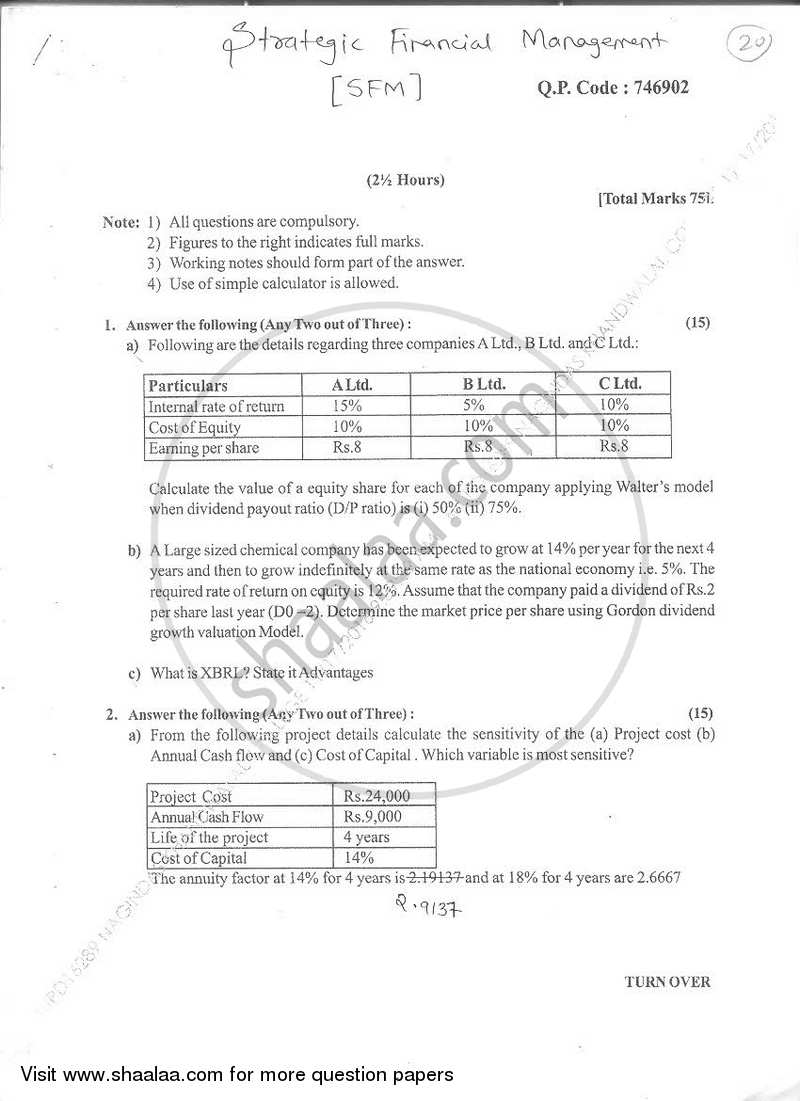 Strategic Financial Management 2016-2017 - B.M.S - Semester 5 - University of Mumbai question paper with PDF download
