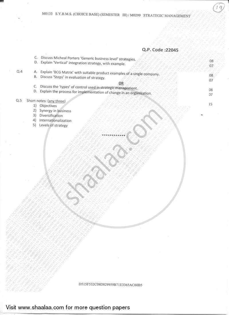 Strategic Management 2017-2018 - B.M.S - Semester 3 - University of Mumbai question paper with PDF download