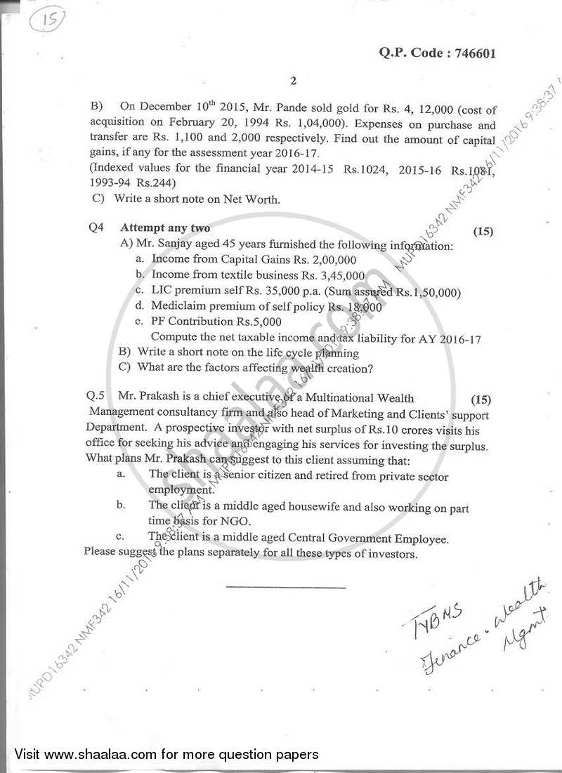 Wealth Management 2016-2017 - B.M.S - Semester 5 - University of Mumbai question paper with PDF download