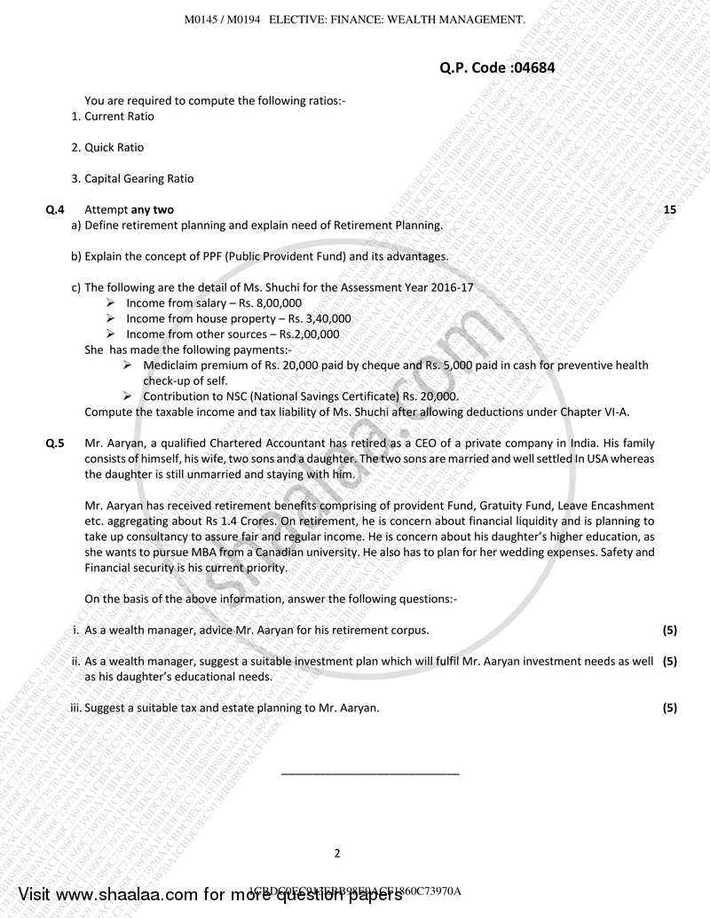 Wealth Management 2017-2018 - B.M.S - Semester 5 - University of Mumbai question paper with PDF download