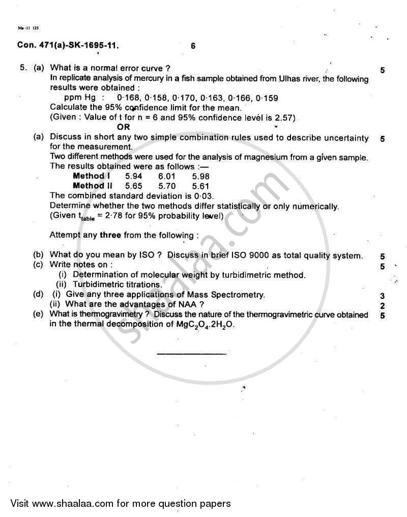 Analytical Chemistry 2010-2011 - B.Sc. - Semester 5 (TYBSc) - University of Mumbai question paper with PDF download