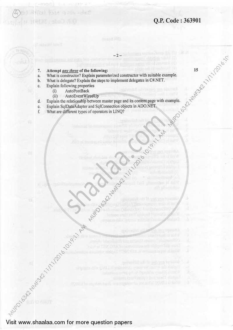Asp.Net with C# 2016-2017 - B.Sc. - Semester 5 (TYBSc I.T) - University of Mumbai question paper with PDF download