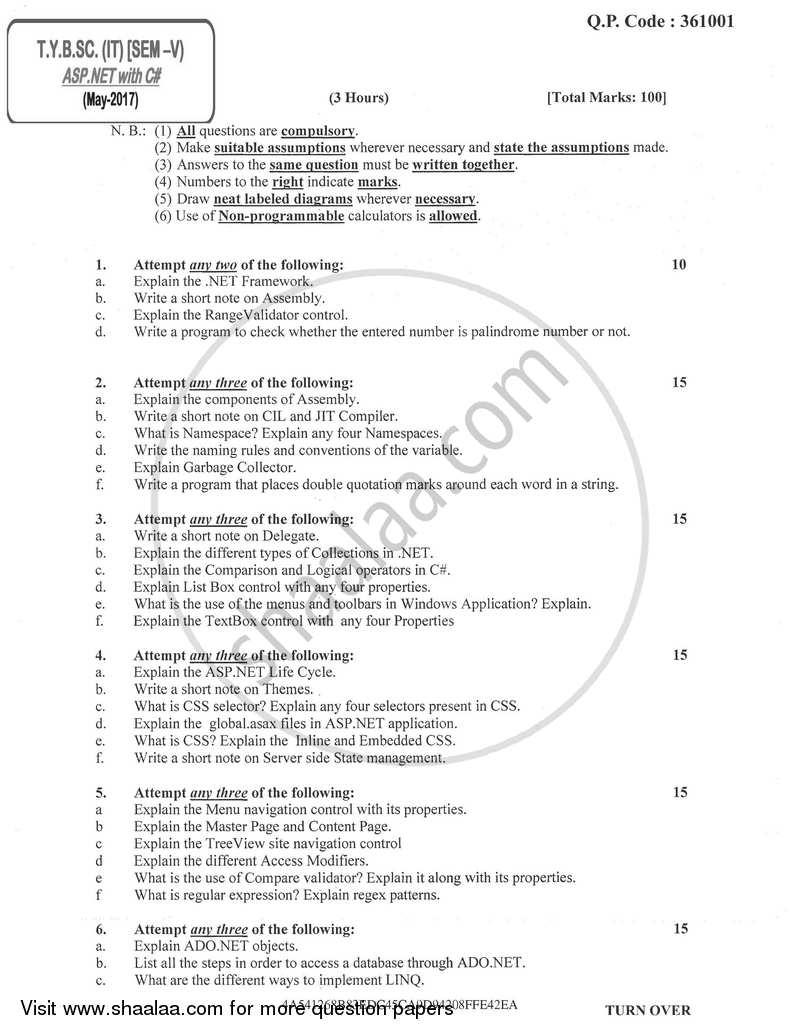 Asp.Net with C# 2016-2017 - B.Sc. - Semester 5 (TYBSc I.T) - University of Mumbai question paper with PDF download
