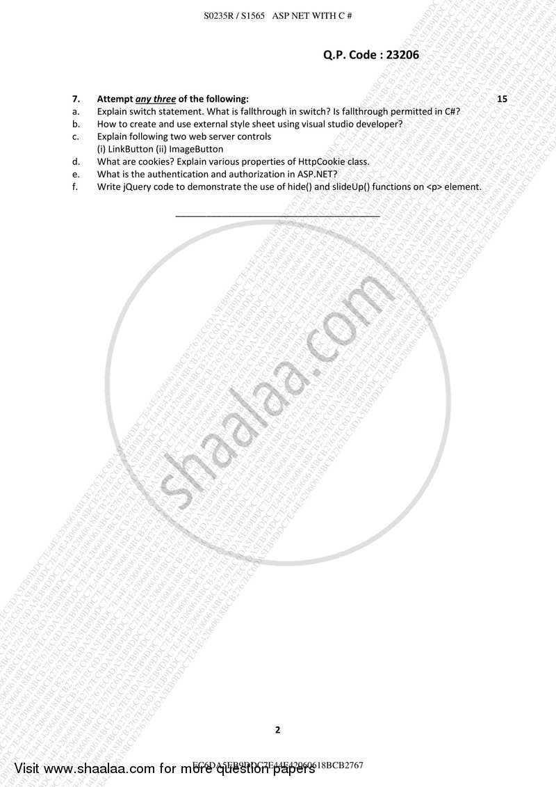 Asp.Net with C# 2017-2018 - B.Sc. - Semester 5 (TYBSc I.T) - University of Mumbai question paper with PDF download