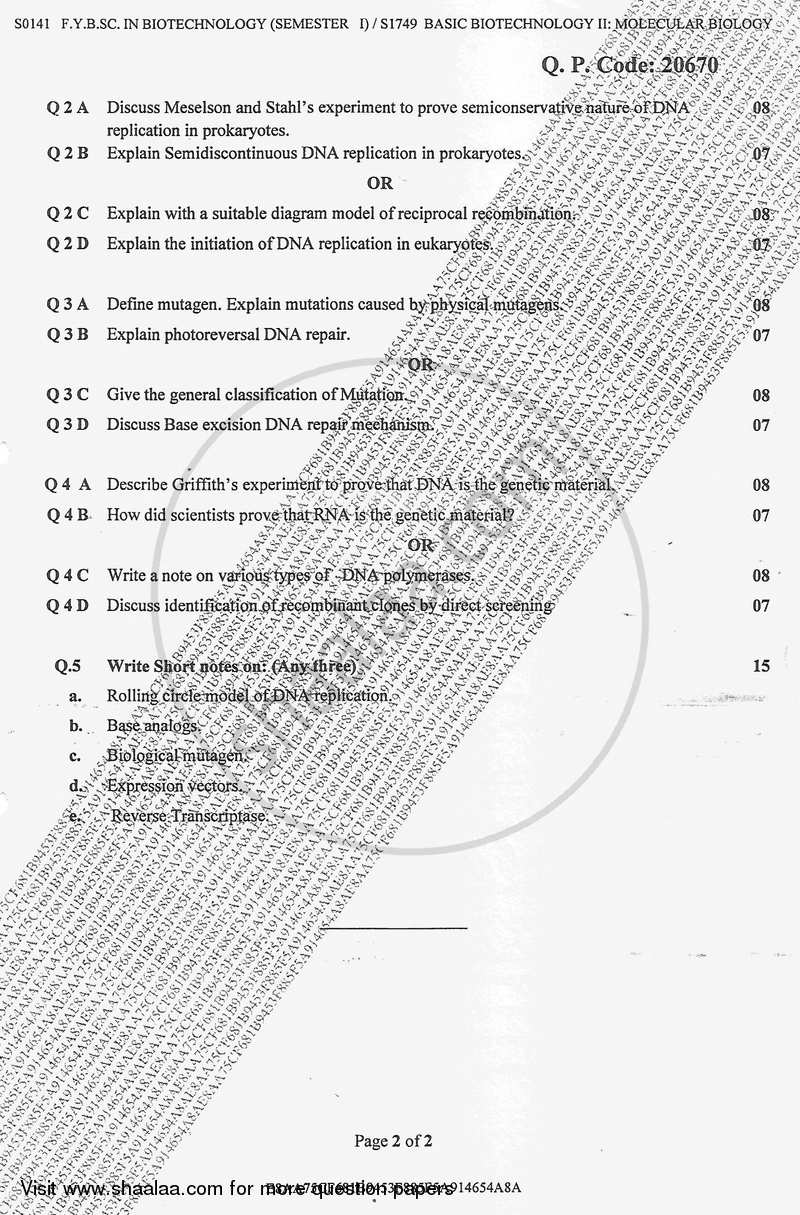 Basic Biotechnology 2 - Molecular Biology 2017-2018 - B.Sc. - Semester 1 (FYBSc) - University of Mumbai question paper with PDF download