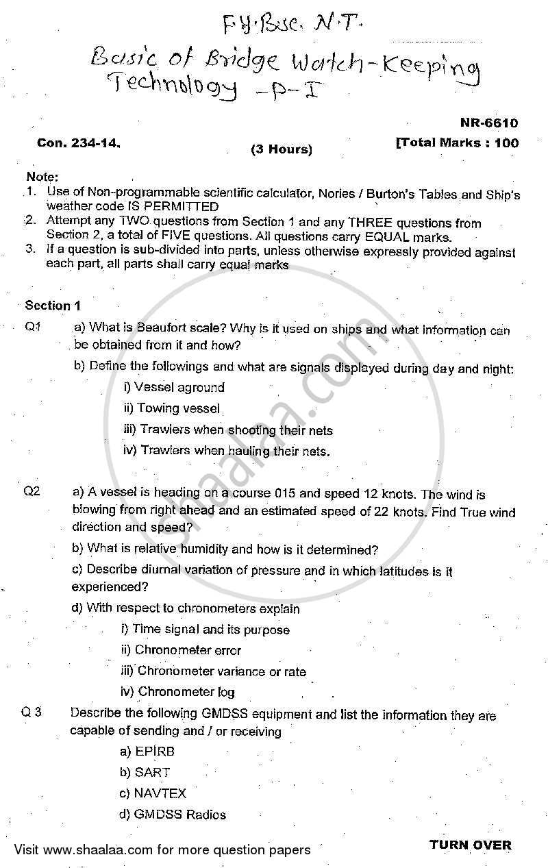 Basic of Bridge Watchkeekping Technology 2013-2014 - B.Sc. - 1st Year (FYBSc) - University of Mumbai question paper with PDF download