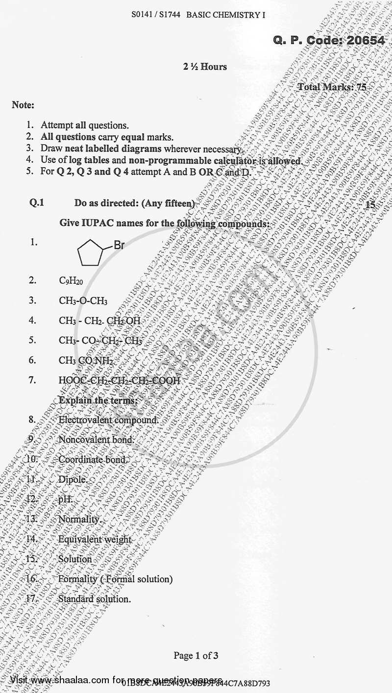 Basic Chemistry 1 2017-2018 - B.Sc. - Semester 1 (FYBSc) - University of Mumbai question paper with PDF download