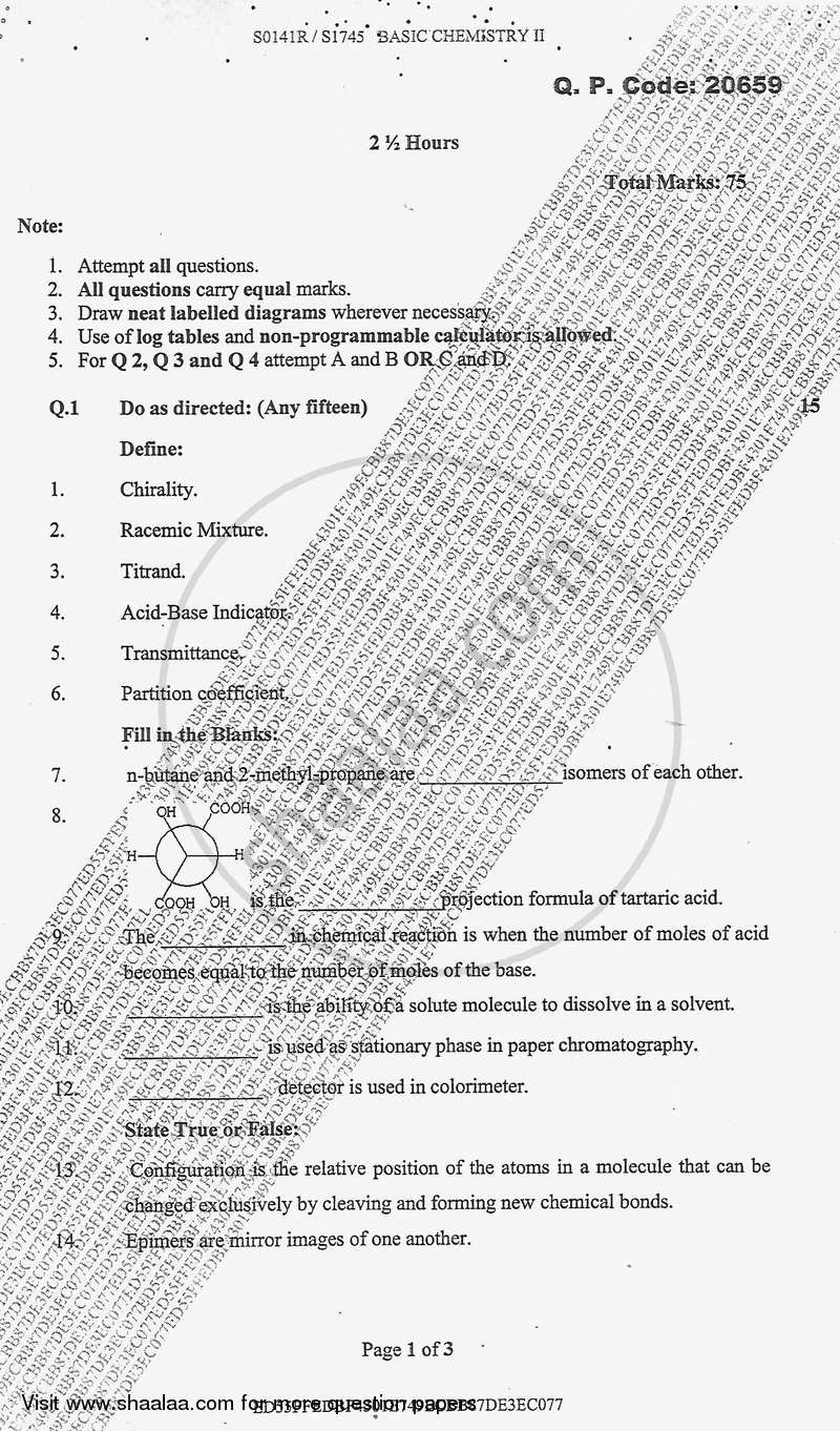 Basic Chemistry 2 2017-2018 - B.Sc. - Semester 1 (FYBSc) - University of Mumbai question paper with PDF download