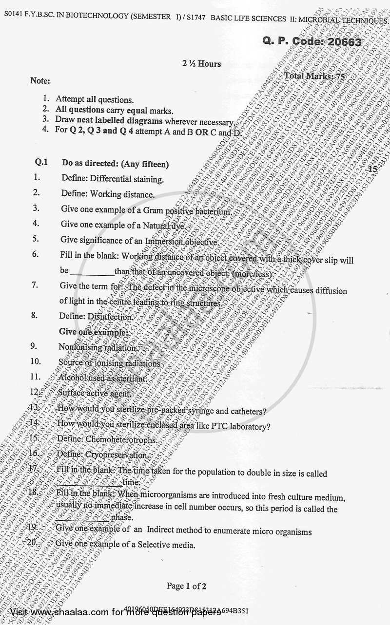 Basic Life Sciences 2 - Microbial Techniques 2017-2018 - B.Sc. - Semester 1 (FYBSc) - University of Mumbai question paper with PDF download