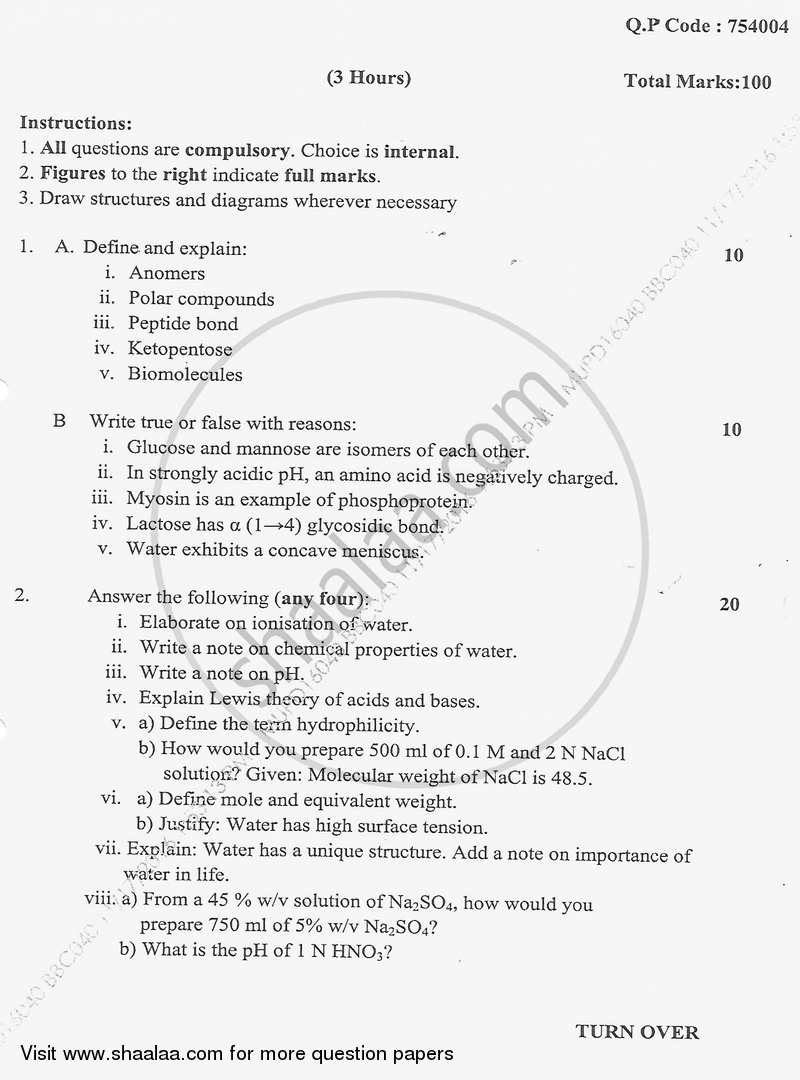 Biomolecules and Nutrition 2016-2017 - B.Sc. - Semester 1 (FYBSc) - University of Mumbai question paper with PDF download