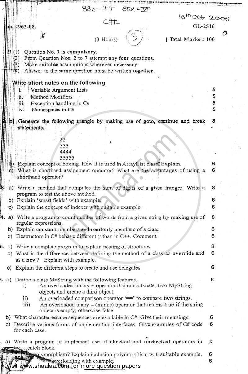 C # 2008-2009 - B.Sc. - Semester 6 (TYBSc I.T) - University of Mumbai question paper with PDF download