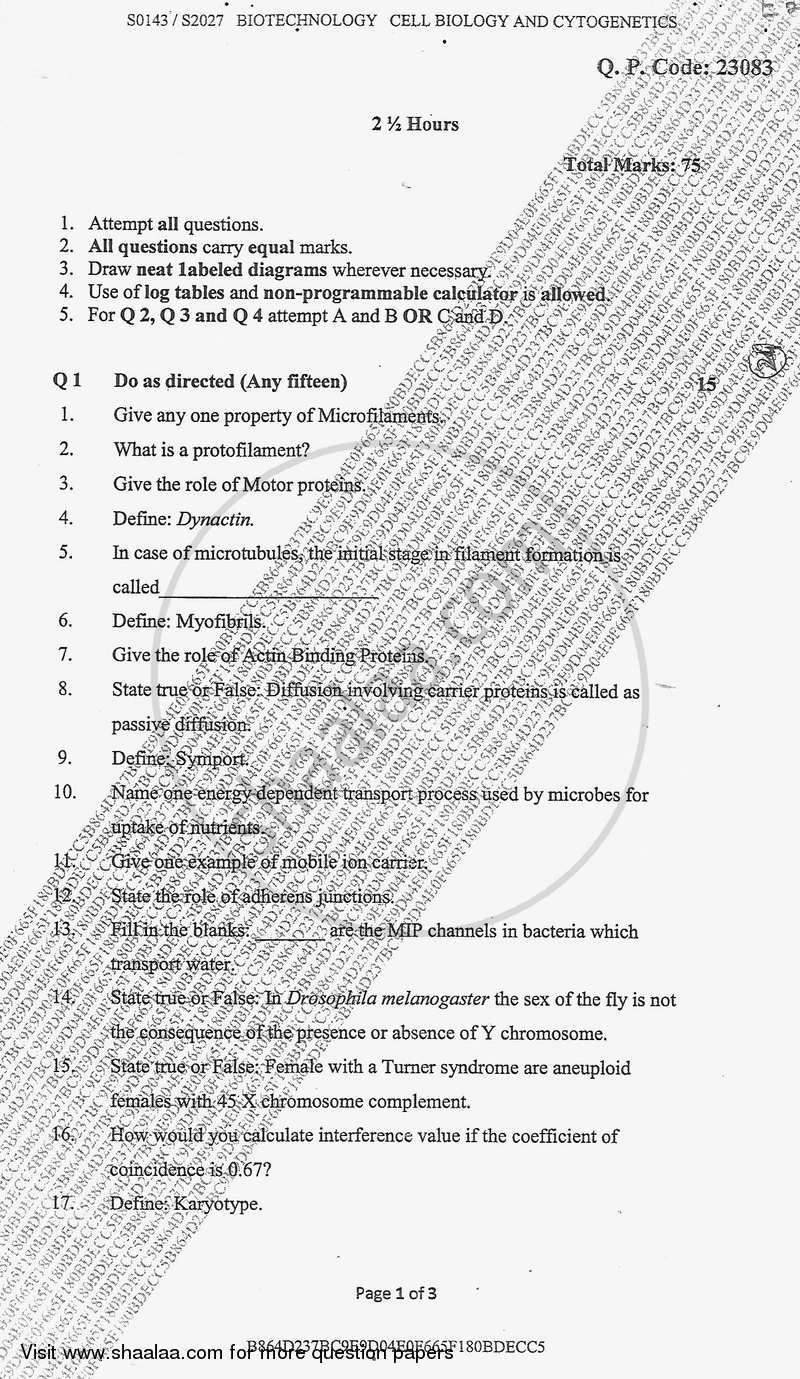 Cell Biology and Cytogenetics 2017-2018 - B.Sc. - Semester 3 (SYBSc) - University of Mumbai question paper with PDF download