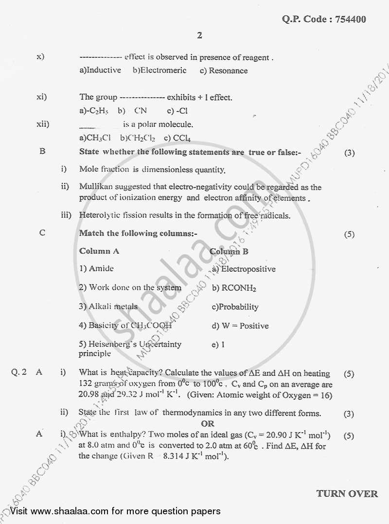 Chemistry 1 2016-2017 - B.Sc. - Semester 1 (FYBSc) - University of Mumbai question paper with PDF download