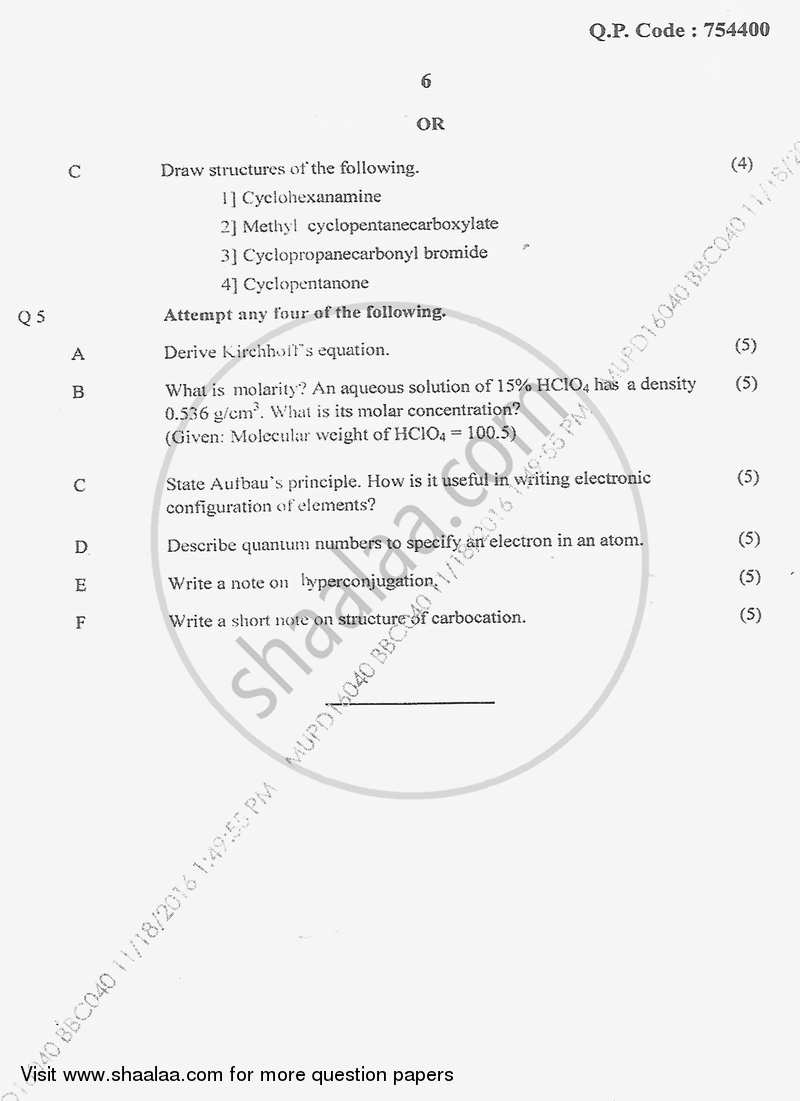 Chemistry 1 2016-2017 - B.Sc. - Semester 1 (FYBSc) - University of Mumbai question paper with PDF download