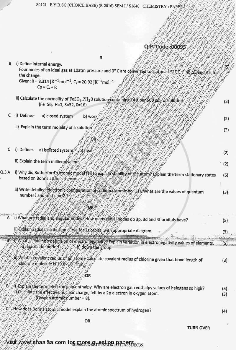 Chemistry 1 2017-2018 - B.Sc. - Semester 1 (FYBSc) - University of Mumbai question paper with PDF download