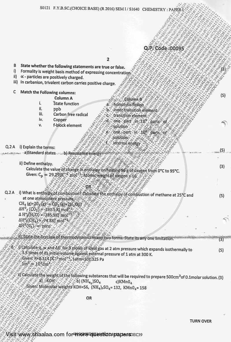 Chemistry 1 2017-2018 - B.Sc. - Semester 1 (FYBSc) - University of Mumbai question paper with PDF download