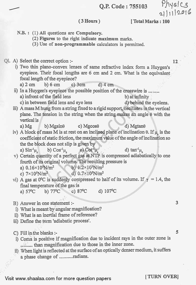 Classical Physics 2016-2017 - B.Sc. - Semester 1 (FYBSc) - University of Mumbai question paper with PDF download