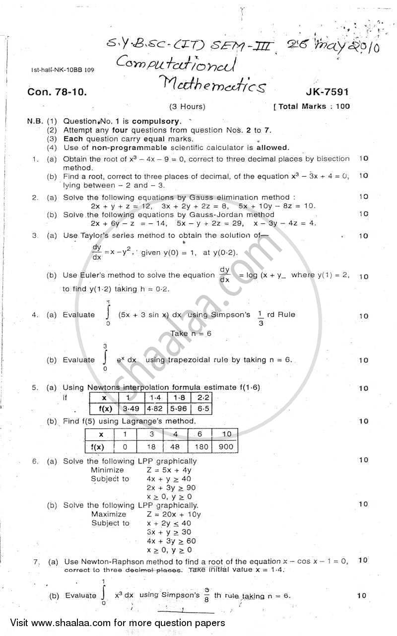 Computational Mathematics 2009-2010 - B.Sc. - Semester 3 (SYBSc I.T) - University of Mumbai question paper with PDF download