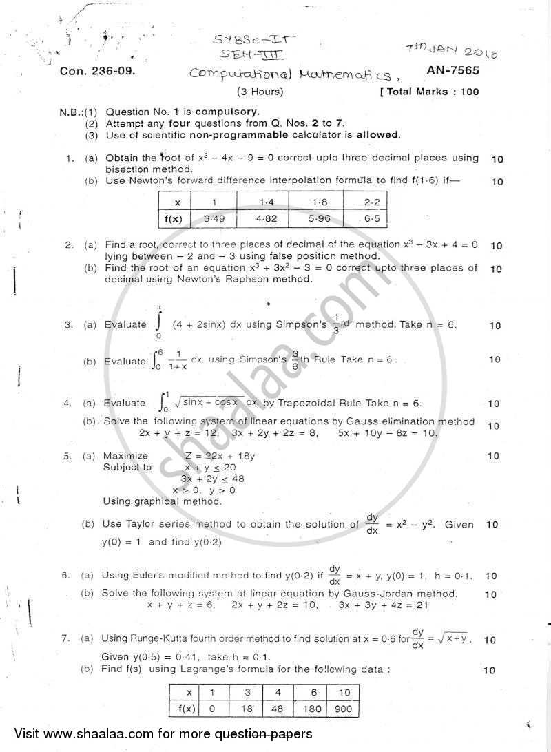 Computational Mathematics 2010-2011 - B.Sc. - Semester 3 (SYBSc I.T) - University of Mumbai question paper with PDF download