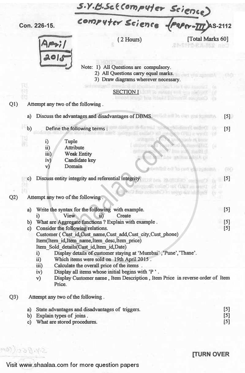 Computer Science 3 Database Management Systems 1 and Software Engineering (Section 2) 2014-2015 - B.Sc. - 2nd Year (SYBSc) - University of Mumbai question paper with PDF download