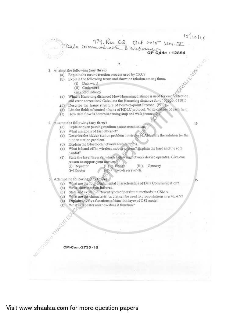 Data Communication and Networking 2015-2016 - B.Sc. - Semester 5 (TYBSc) - University of Mumbai question paper with PDF download