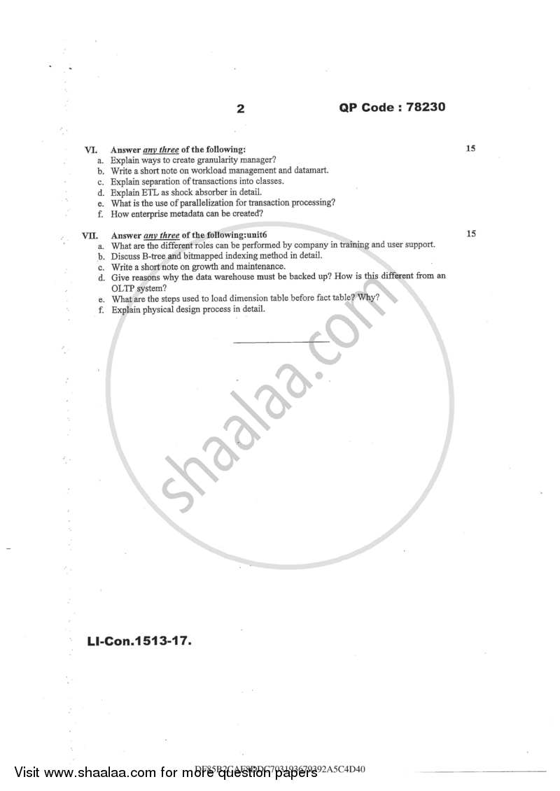 Data Warehousing 2016-2017 - B.Sc. - Semester 6 (TYBSc I.T) - University of Mumbai question paper with PDF download