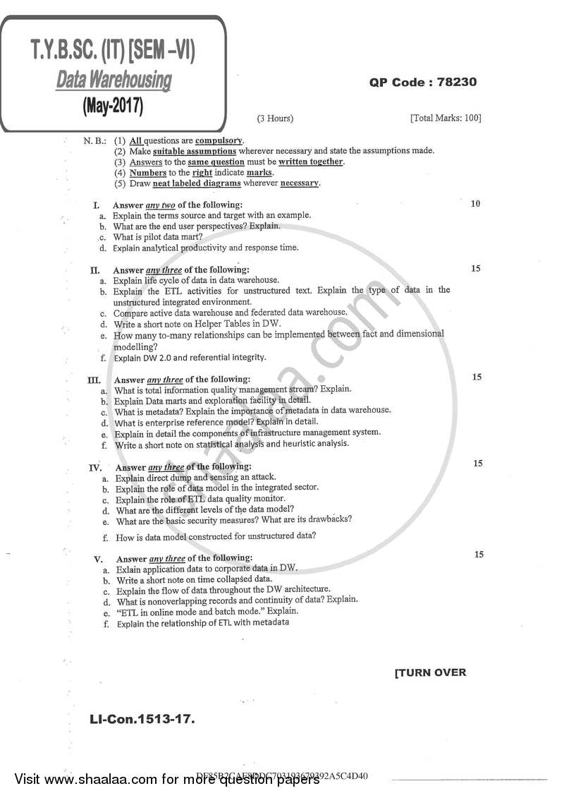Data Warehousing 2016-2017 - B.Sc. - Semester 6 (TYBSc I.T) - University of Mumbai question paper with PDF download