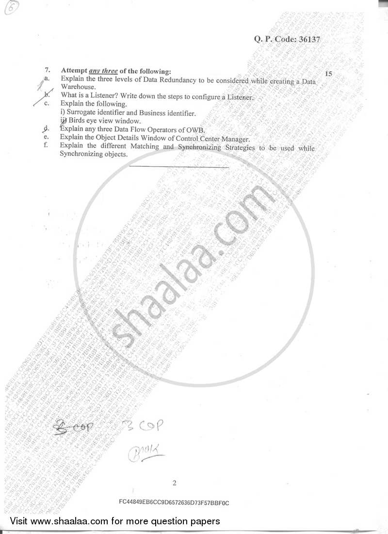 Data Warehousing 2017-2018 - B.Sc. - Semester 6 (TYBSc I.T) - University of Mumbai question paper with PDF download