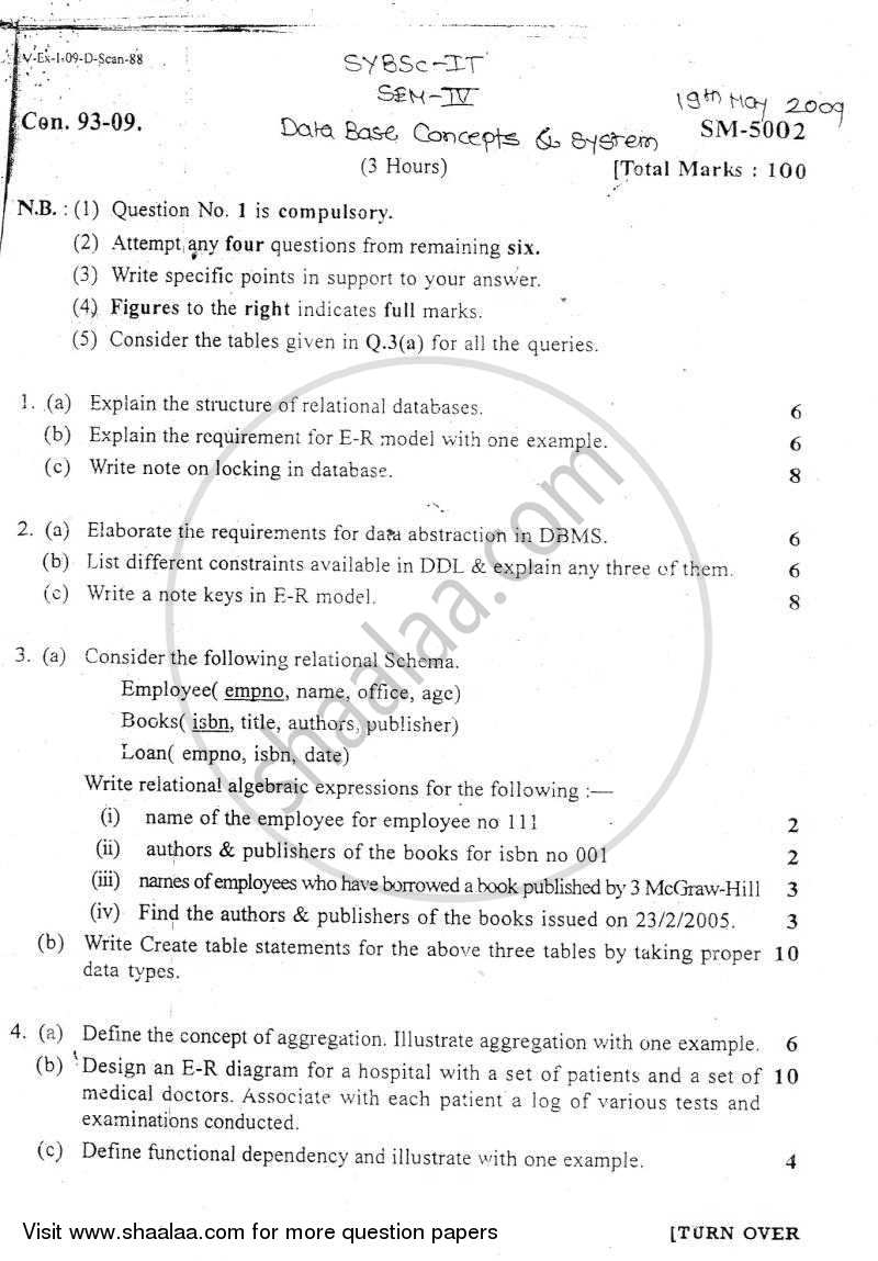 Database Concepts and System 2008-2009 - B.Sc. - Semester 4 (SYBSc I.T) - University of Mumbai question paper with PDF download