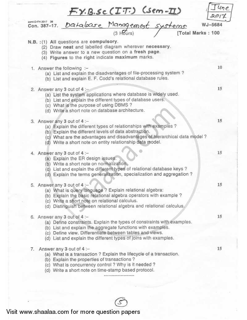 Database Management Systems 2016-2017 - B.Sc. - Semester 2 (FYBSc I.T) - University of Mumbai question paper with PDF download