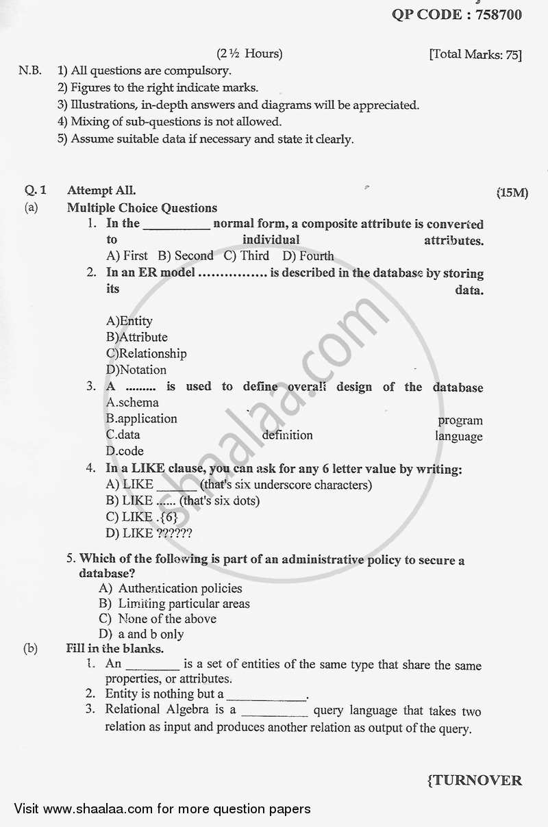 Database Systems 2016-2017 - B.Sc. - Semester 1 (FYBSc) - University of Mumbai question paper with PDF download