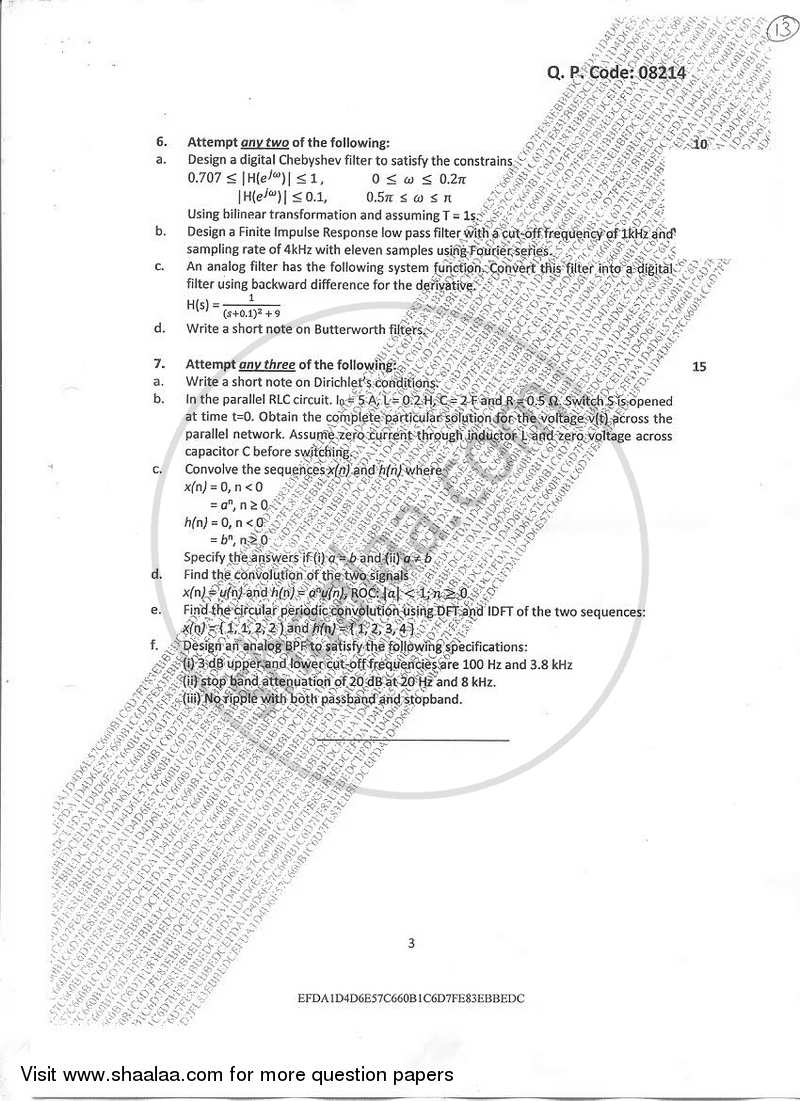 Digital Signal and Systems 2016-2017 - B.Sc. - Semester 6 (TYBSc I.T) - University of Mumbai question paper with PDF download