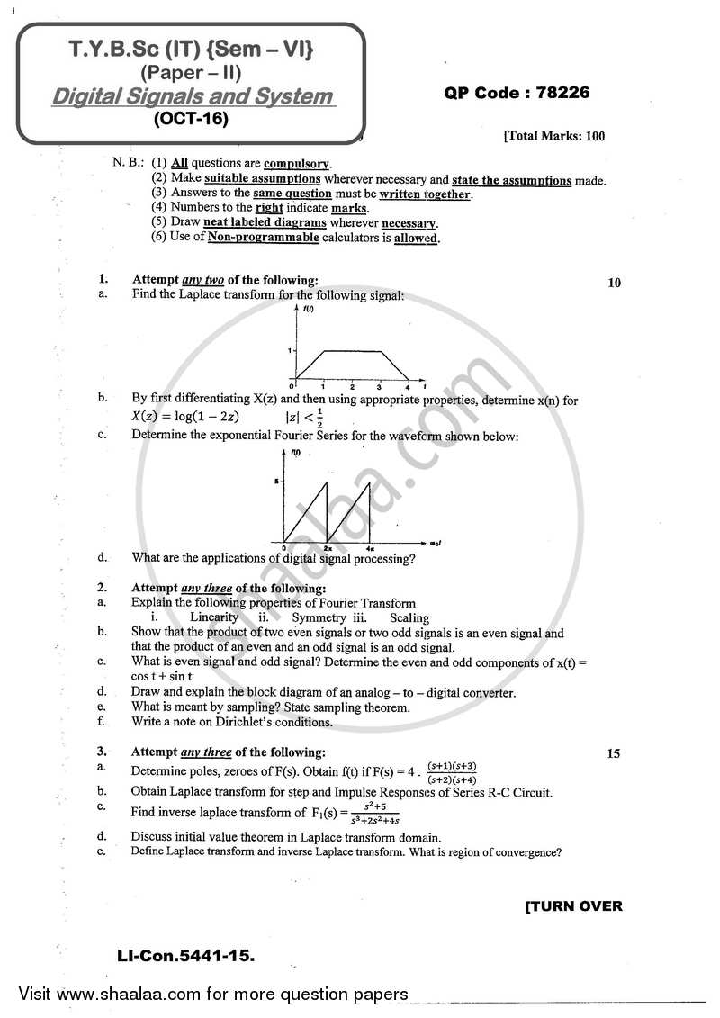 Digital Signal and Systems 2016-2017 - B.Sc. - Semester 6 (TYBSc I.T) - University of Mumbai question paper with PDF download