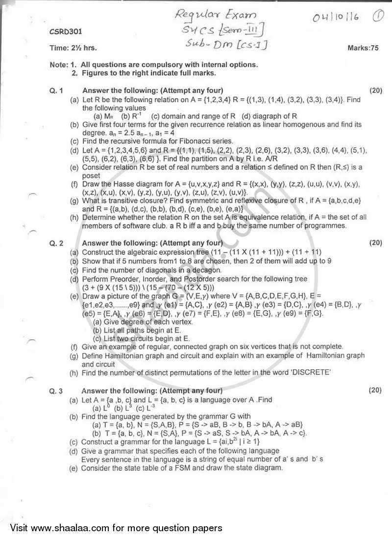 Discrete Mathematics 2016-2017 - B.Sc. - Semester 3 (SYBSc) - University of Mumbai question paper with PDF download