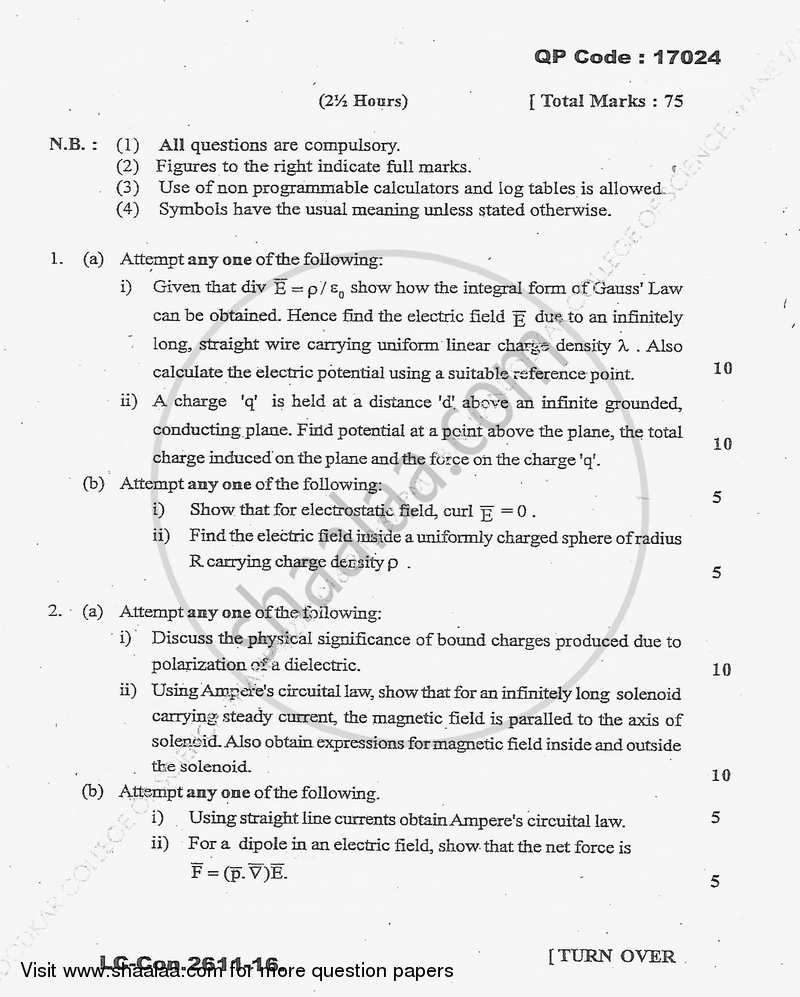 Electrodynamics 2015-2016 - B.Sc. - Semester 5 (TYBSc) - University of Mumbai question paper with PDF download