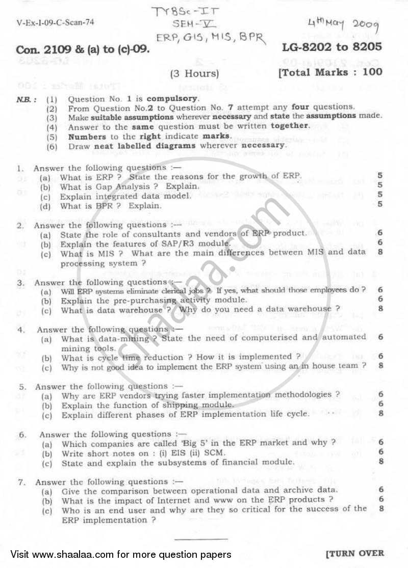 Entreprise Resource Planning Systems (ERP Systems) 2008-2009 - B.Sc. - Semester 5 (TYBSc I.T) - University of Mumbai question paper with PDF download