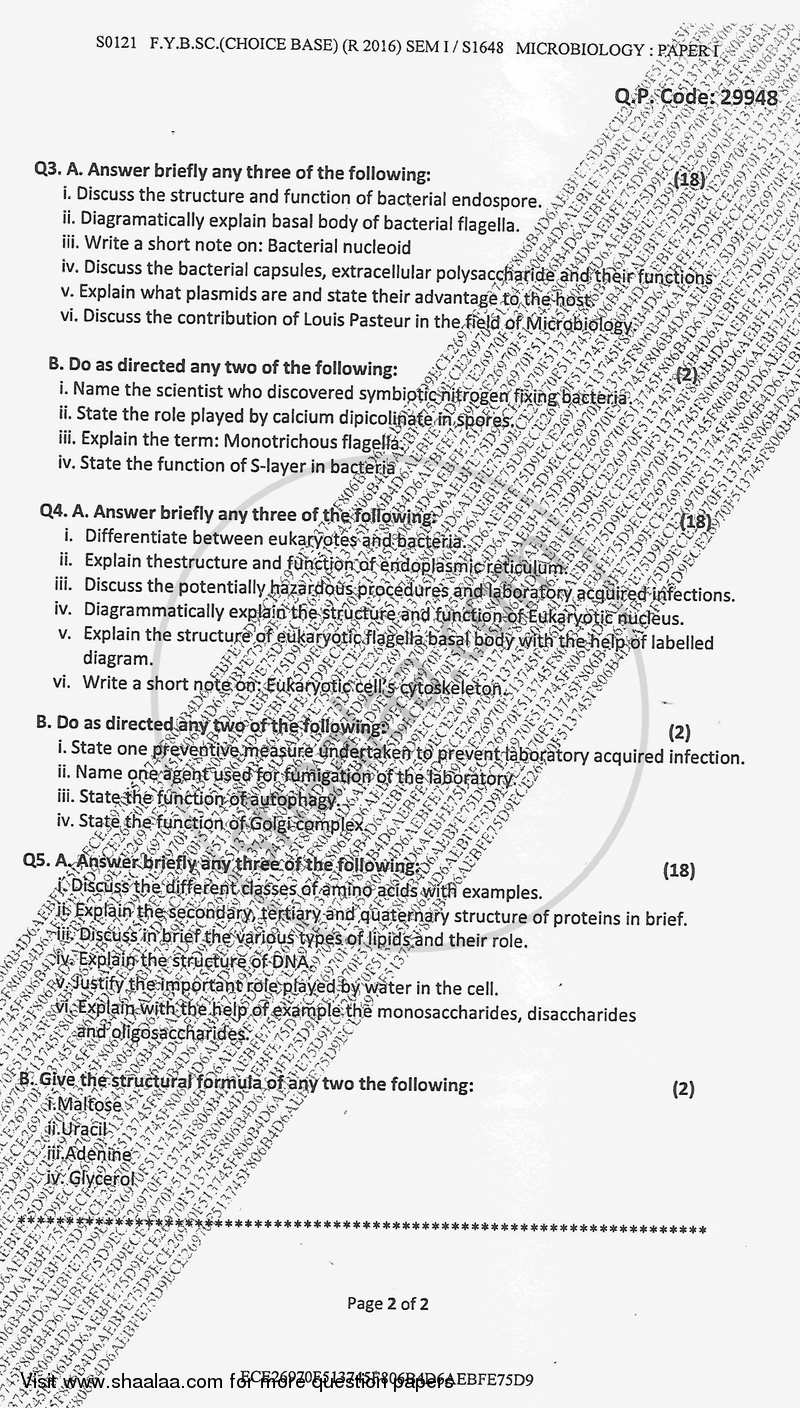 Fundamentals of Microbiology 2017-2018 - B.Sc. - Semester 1 (FYBSc) - University of Mumbai question paper with PDF download