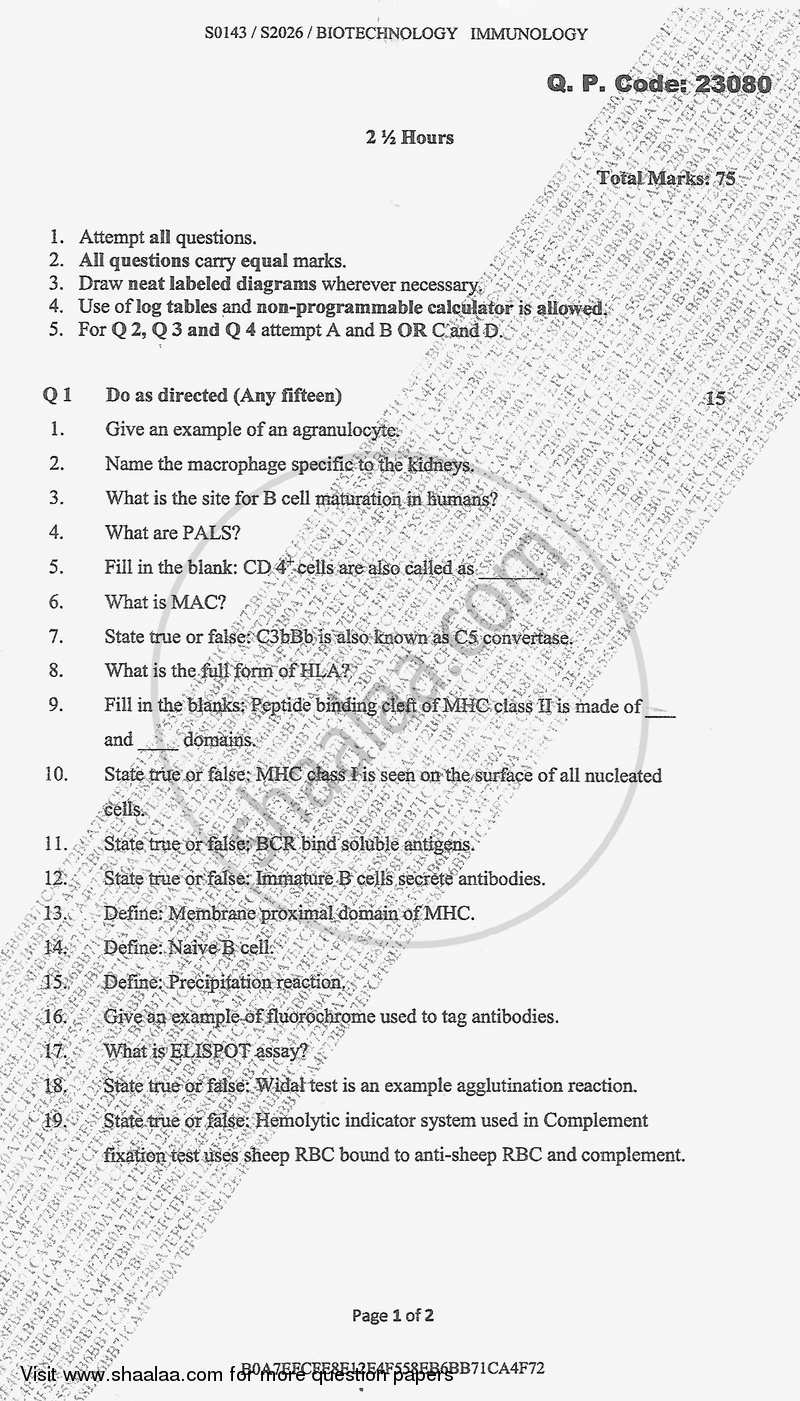 Immunology 2017-2018 - B.Sc. - Semester 3 (SYBSc) - University of Mumbai question paper with PDF download