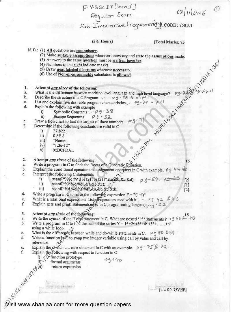 Imperative Programming 2016-2017 - B.Sc. - Semester 1 (FYBSc I.T) - University of Mumbai question paper with PDF download