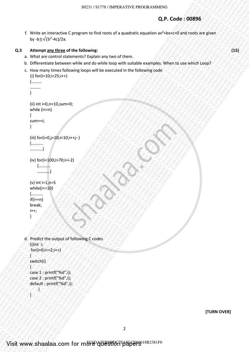 Imperative Programming 2017-2018 - B.Sc. - Semester 1 (FYBSc I.T) - University of Mumbai question paper with PDF download