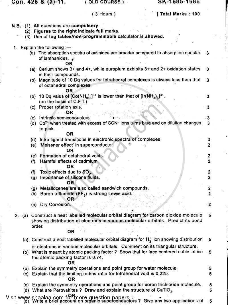 Inorganic Chemistry 2010-2011 - B.Sc. - Semester 5 (TYBSc) - University of Mumbai question paper with PDF download