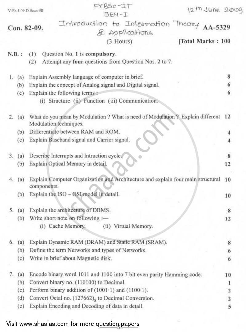 Introduction to Information Theory and Applications 2008-2009 - B.Sc. - Semester 1 (FYBSc I.T) - University of Mumbai question paper with PDF download