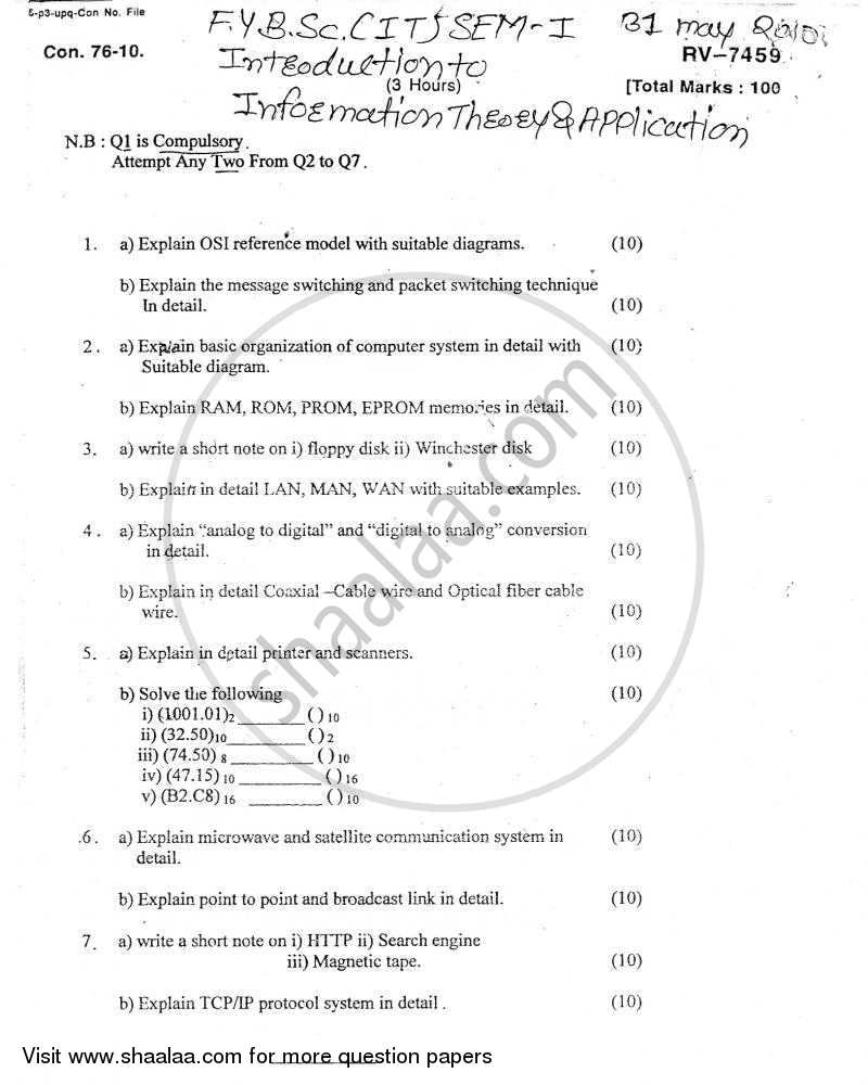 Introduction to Information Theory and Applications 2009-2010 - B.Sc. - Semester 1 (FYBSc I.T) - University of Mumbai question paper with PDF download