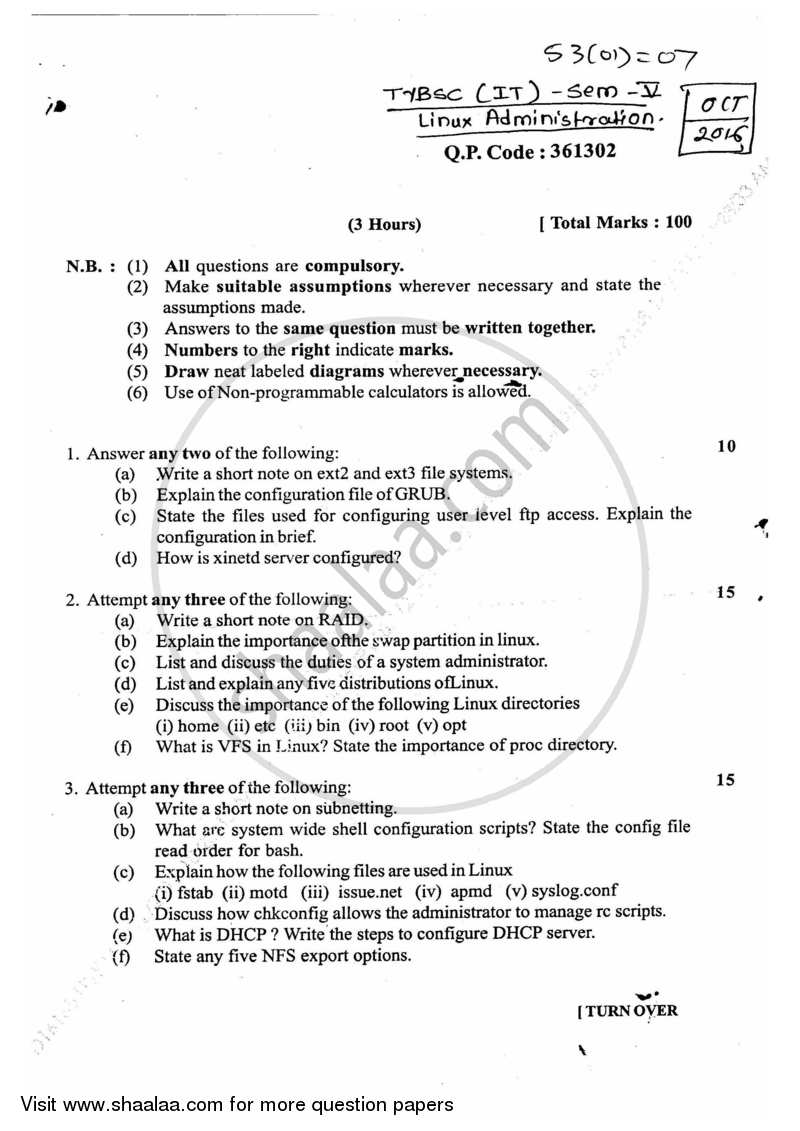 Linux Administration 2016-2017 - B.Sc. - Semester 5 (TYBSc I.T) - University of Mumbai question paper with PDF download
