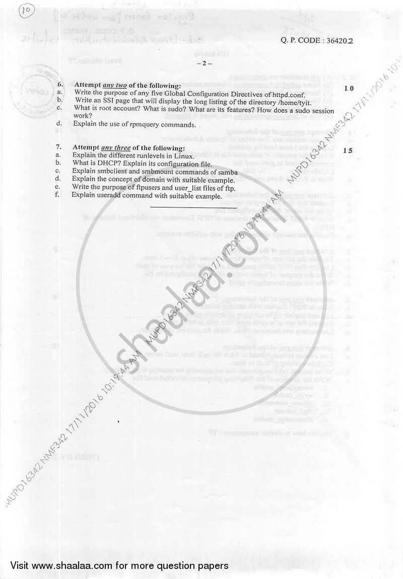 Linux Administration 2016-2017 - B.Sc. - Semester 5 (TYBSc I.T) - University of Mumbai question paper with PDF download