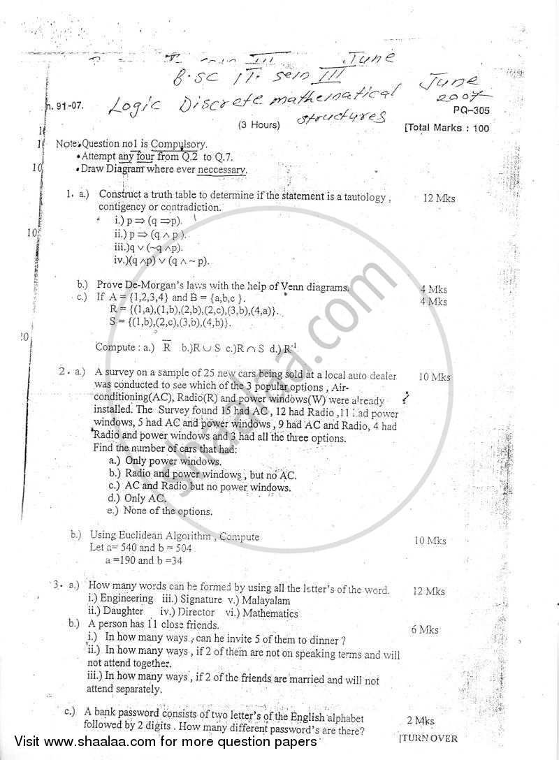 Logic Discrete Mathematical Structures 2006-2007 - B.Sc. - Semester 3 (SYBSc I.T) - University of Mumbai question paper with PDF download