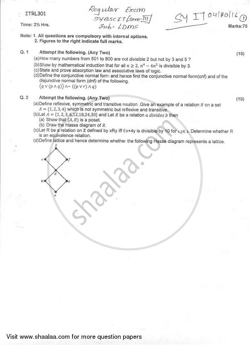 Logic Discrete Mathematical Structures 2016-2017 - B.Sc. - Semester 3 (SYBSc I.T) - University of Mumbai question paper with PDF download